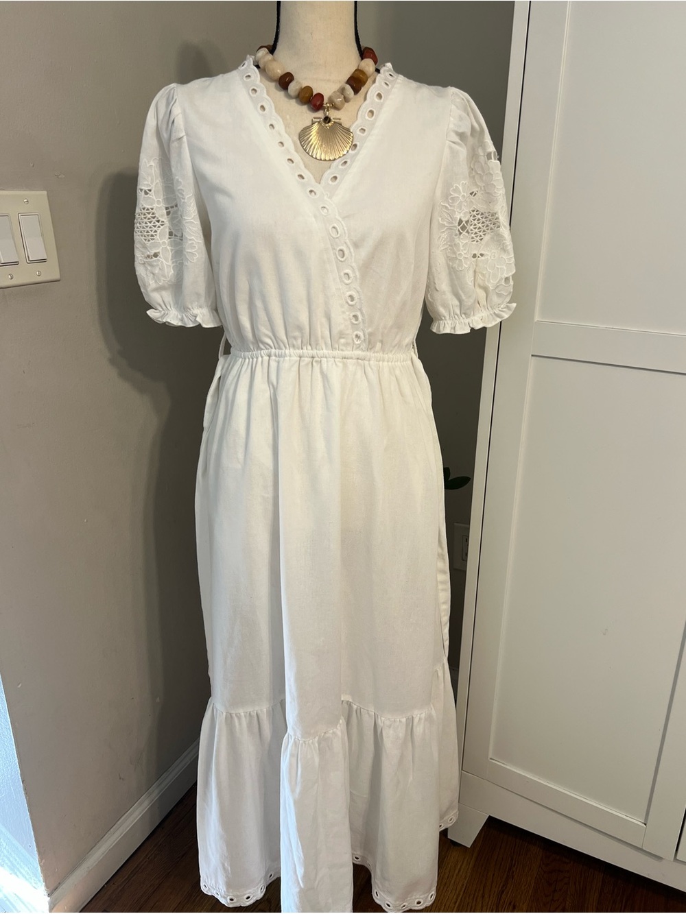 Moon River White Eyelet Puff-Sleeve Wrap Midi